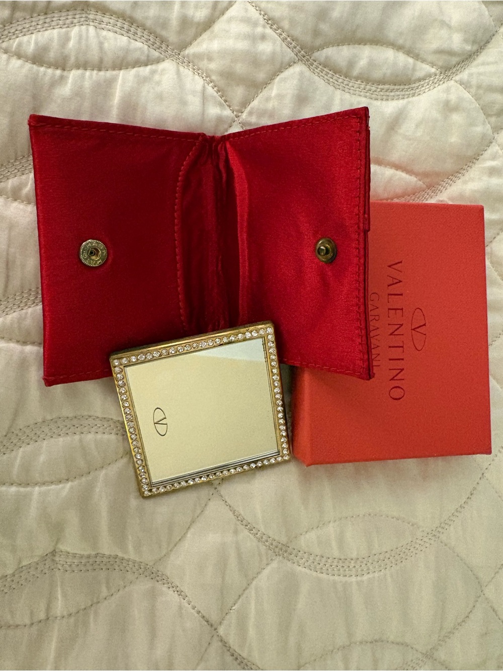 Valentino Garavani Red Card Holder with Gold Crystal-Trim Mirror